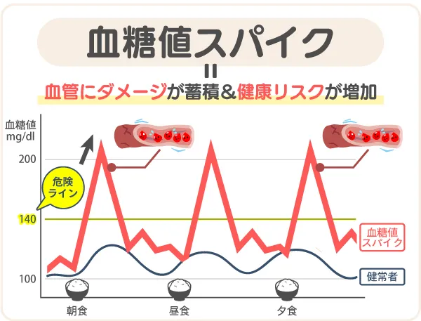 血糖値スパイクで血管にダメージが蓄積し、健康リスクが跳ね上がる。血糖値サプリで食後の血糖値を抑える・血糖値を下げる必要あり。