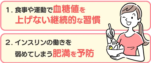 １：食事や運動で血糖値を上げない継続的な習慣。２：インスリンの働きを弱める肥満を防ぐ