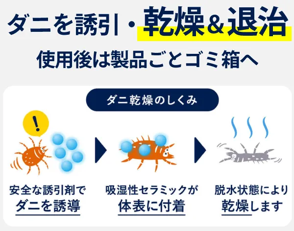 ダニを誘引し乾燥・退治！使用後は製品ごとゴミ箱へ