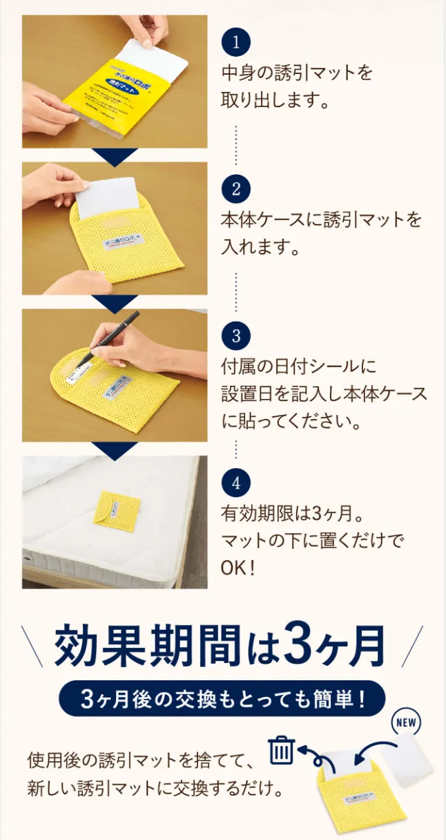 中身のマットを取り出し、本体ケースに入れ、日付シールに記入、あとは気になる場所に放置で3ヵ月間ダニに煩わされない生活に♪